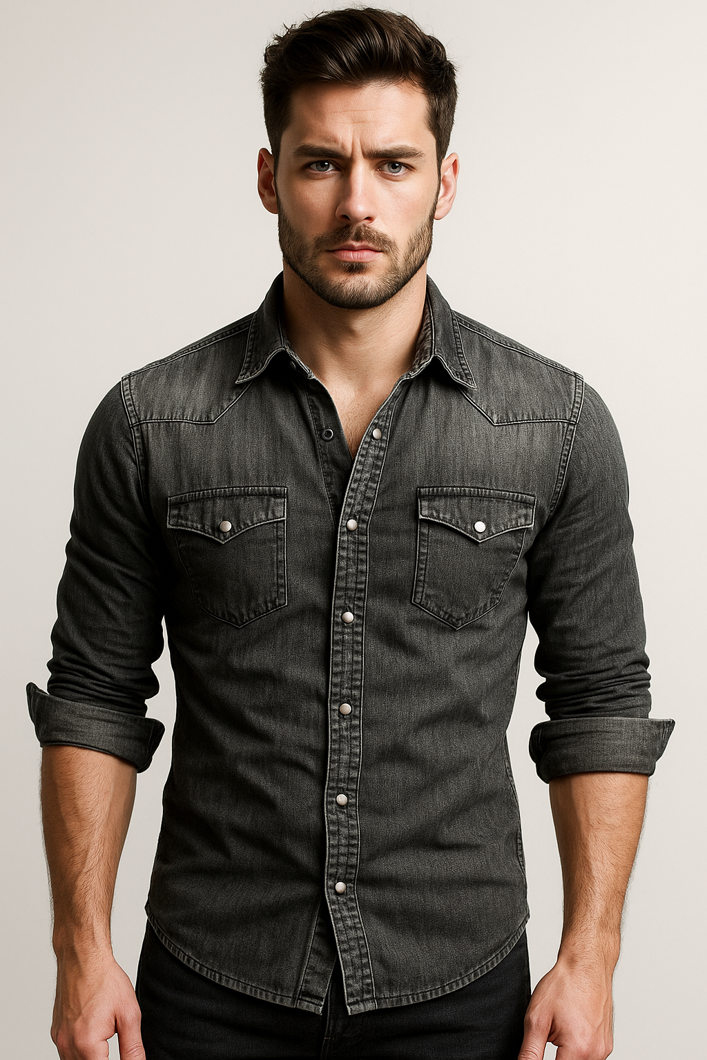 Men’s Denim Button-Up Shirt Long Sleeve