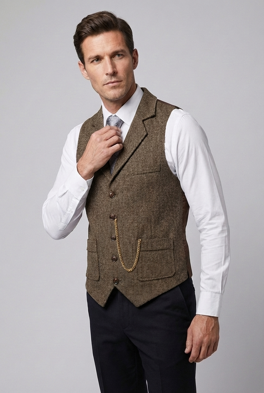 Herringbone Tweed Style Lapel Waistcoat Men