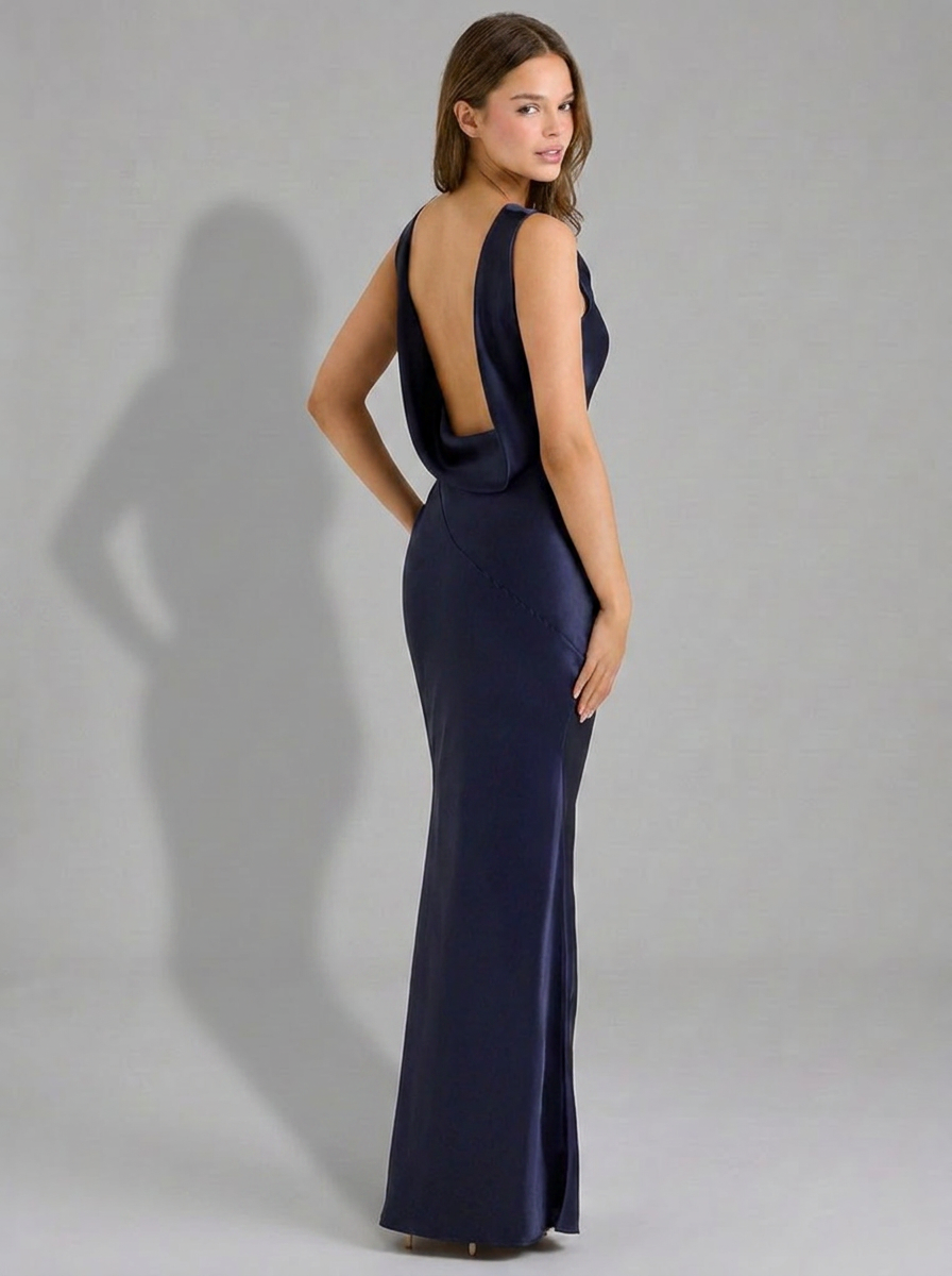 Navy Maxi Dress Cowl Neck Open Back Satin Style