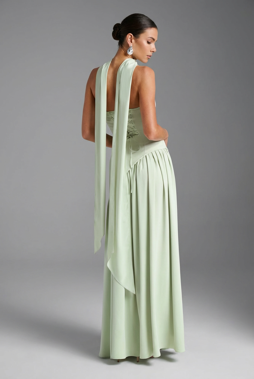 Women’s Satin Drape-Neck High Slit Evening Gown