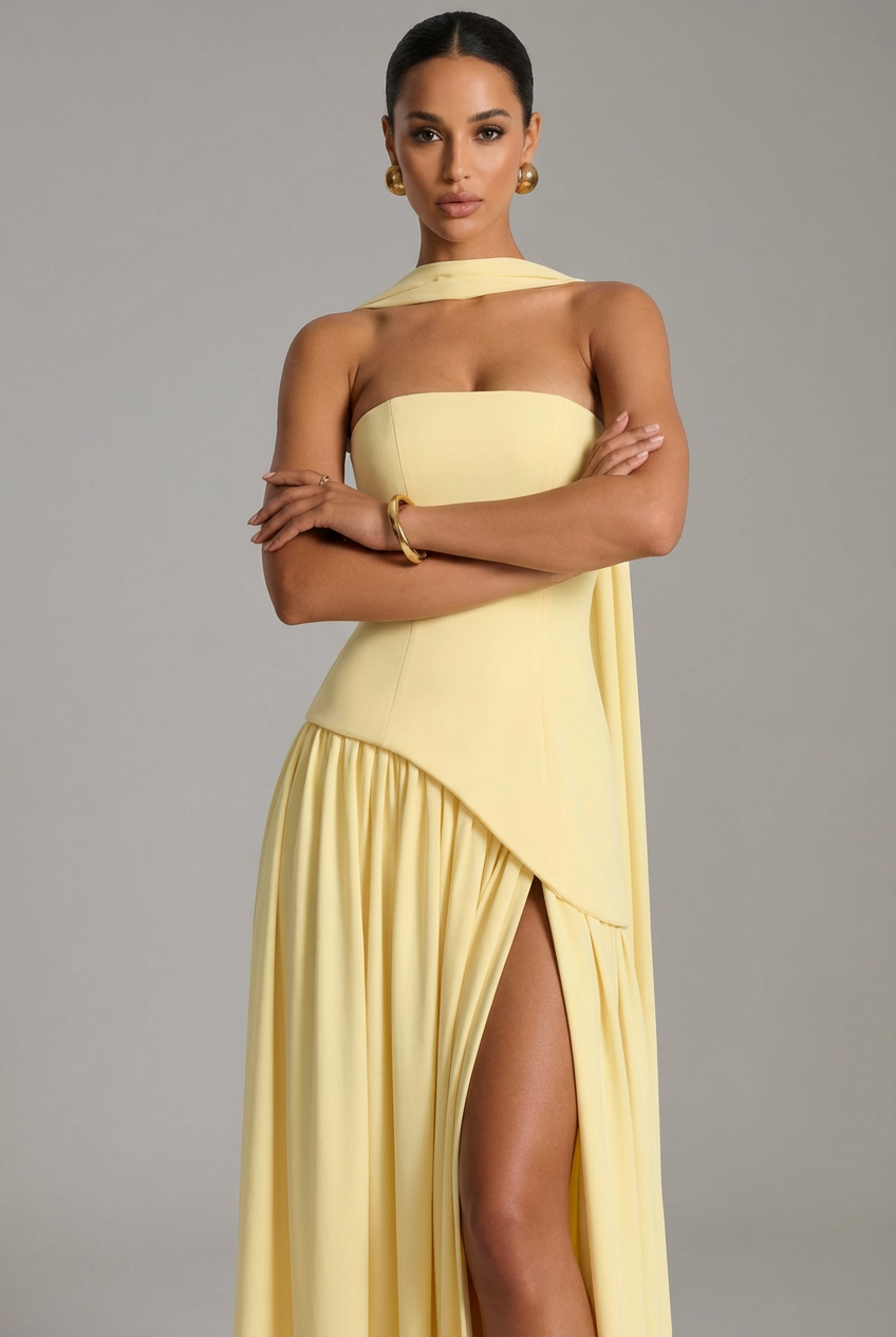 Women’s Satin Drape-Neck High Slit Evening Gown
