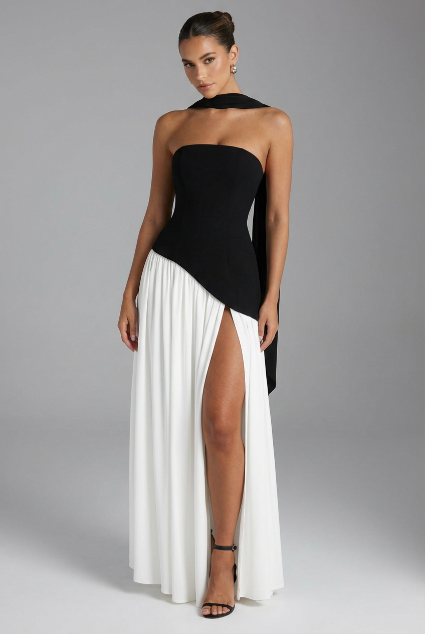 Women’s Satin Drape-Neck High Slit Evening Gown