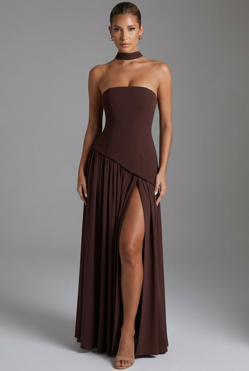 Women’s Satin Drape-Neck High Slit Evening Gown