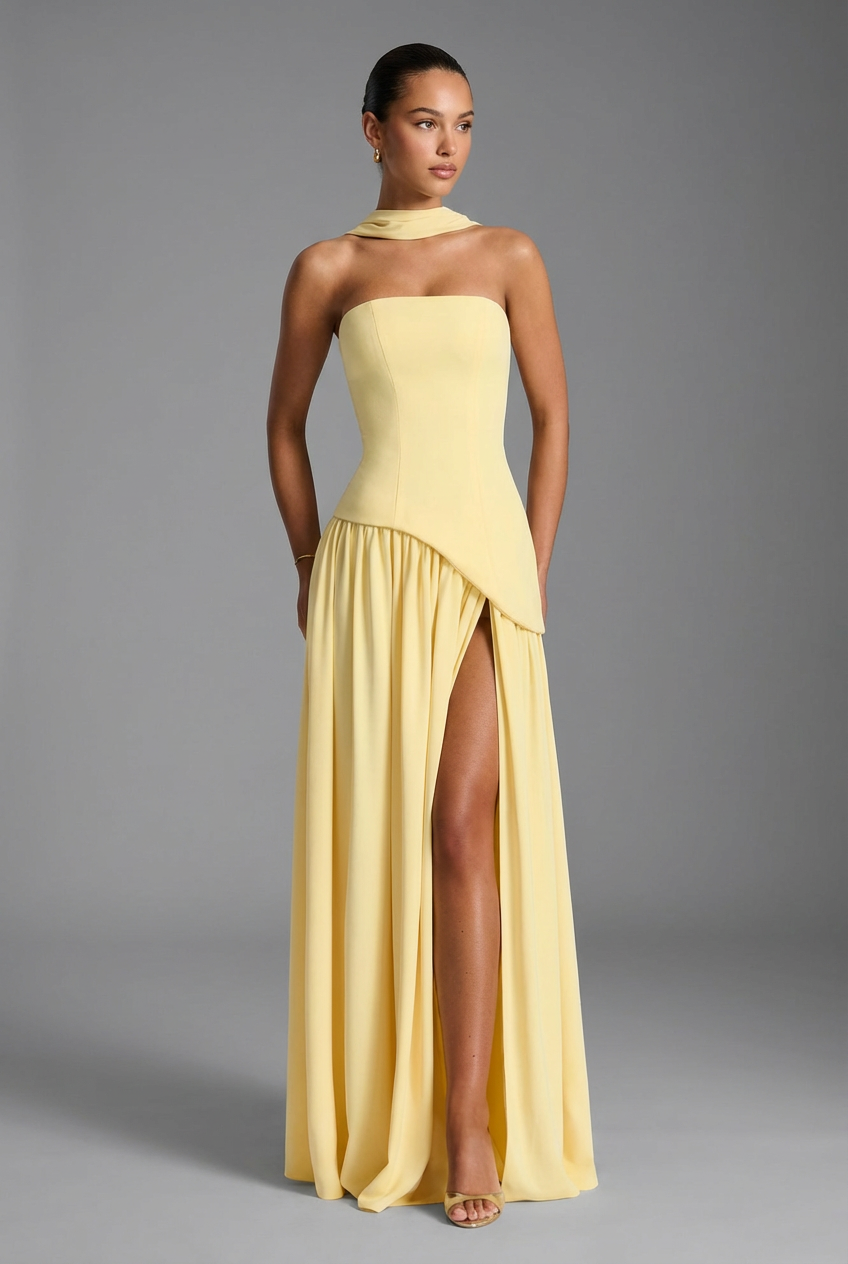 Women’s Satin Drape-Neck High Slit Evening Gown