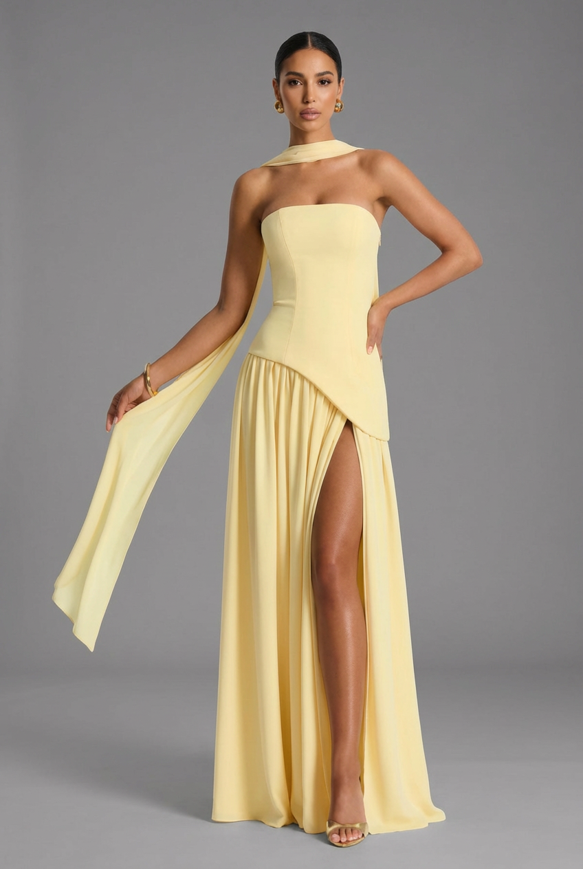 Women’s Satin Drape-Neck High Slit Evening Gown