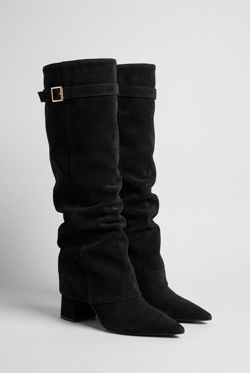 Suede Style Slouchy Knee-High Block Heel Boots
