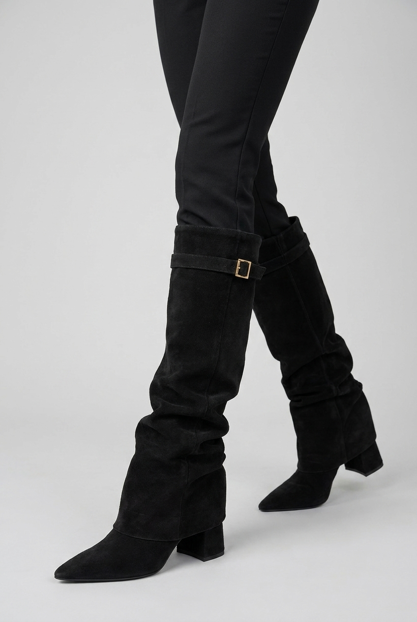 Suede Style Slouchy Knee-High Block Heel Boots