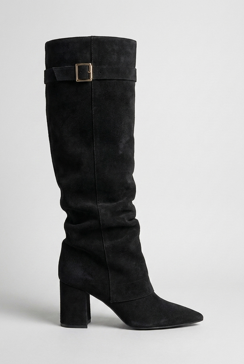 Suede Style Slouchy Knee-High Block Heel Boots