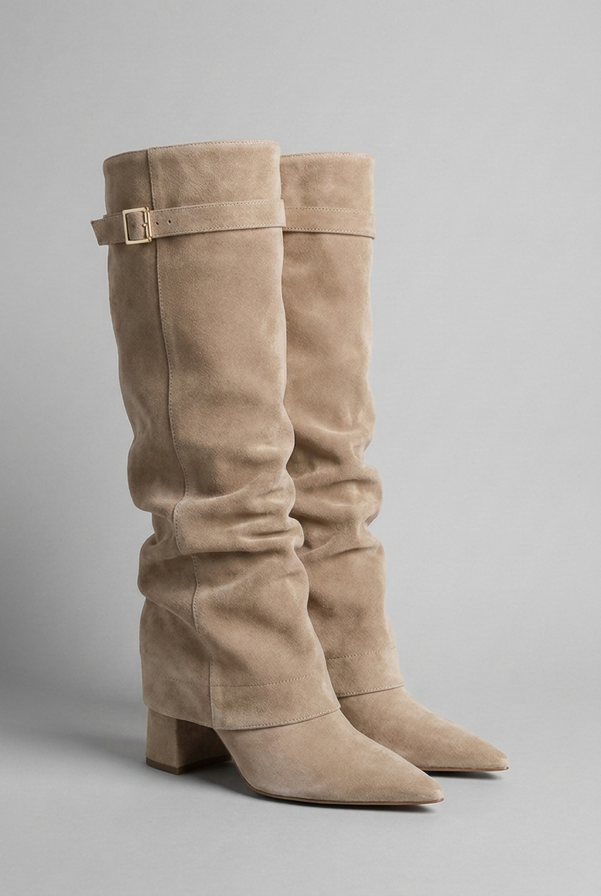 Suede Style Slouchy Knee-High Block Heel Boots