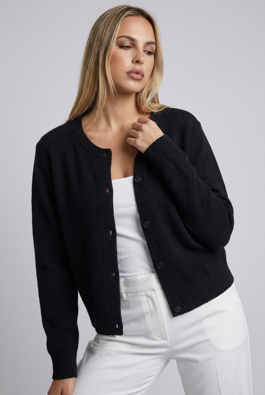 Soft Knit Button-Up Cardigan Round Neck