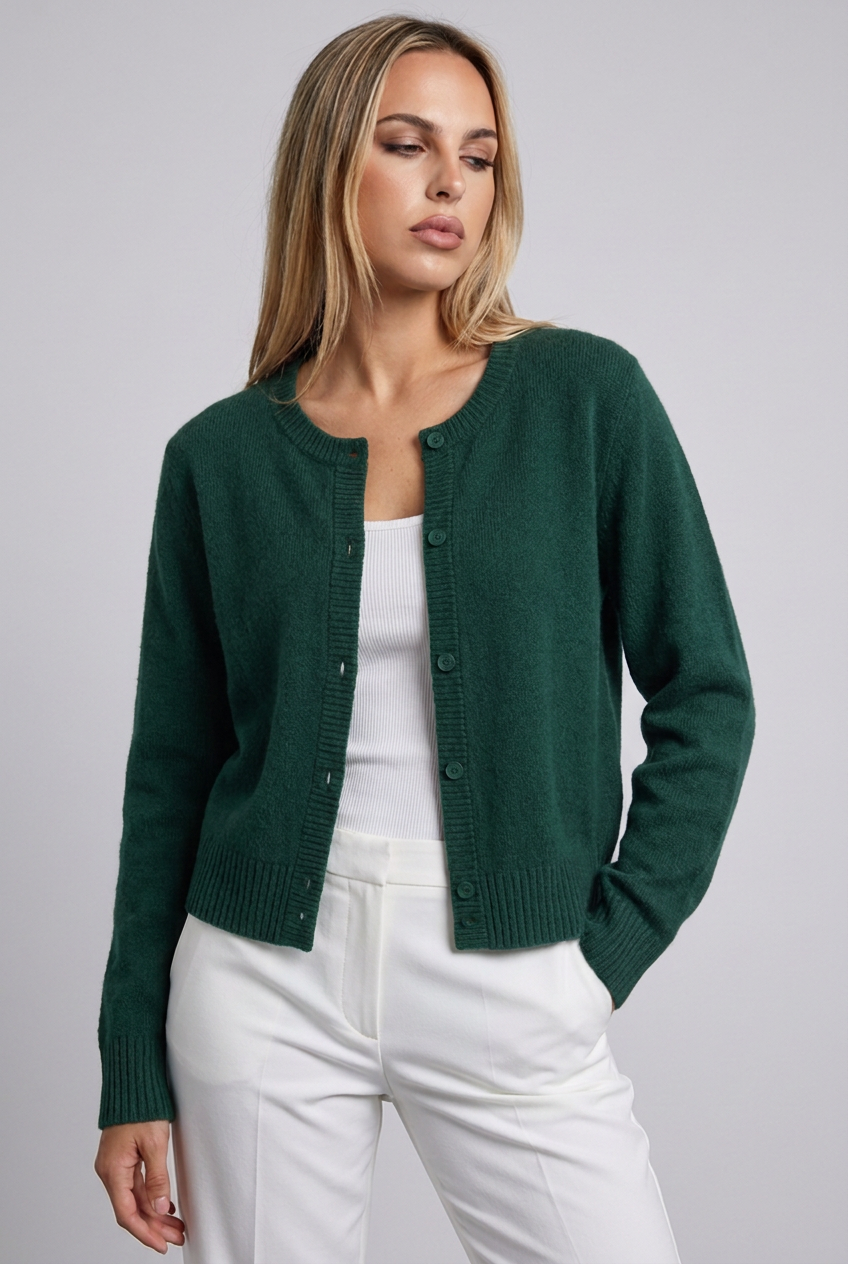 Soft Knit Button-Up Cardigan Round Neck
