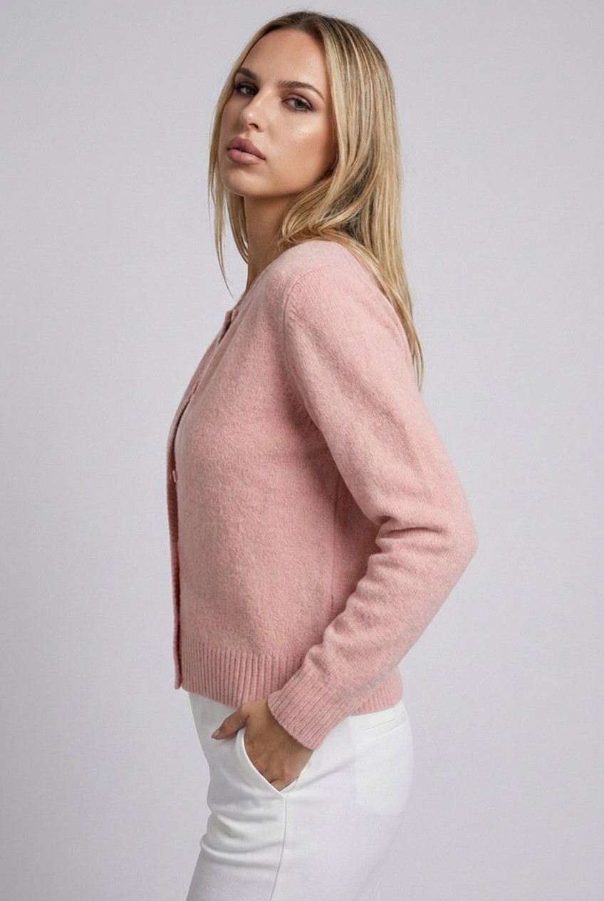Soft Knit Button-Up Cardigan Round Neck