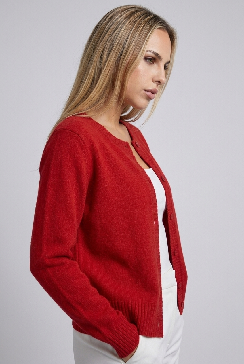 Soft Knit Button-Up Cardigan Round Neck