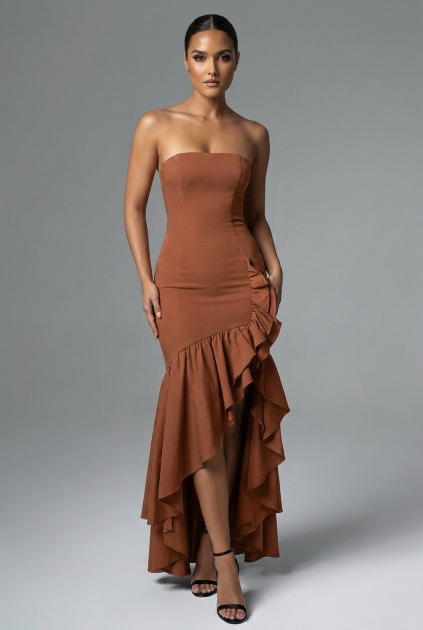 Strapless Bodycon Ruffle Hem Fishtail Maxi Cocktail Dress