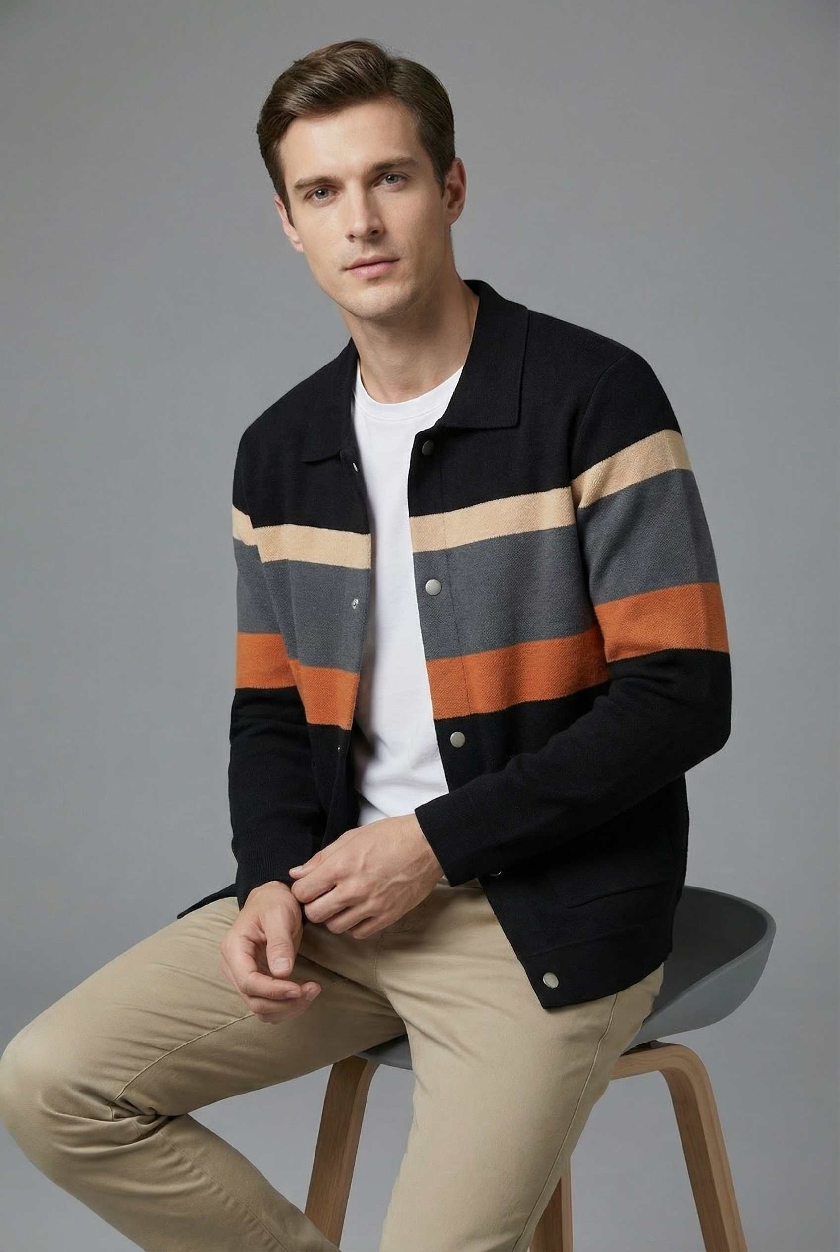 Men’s Striped Knit Style Jacket – Casual Button-Up Cardigan