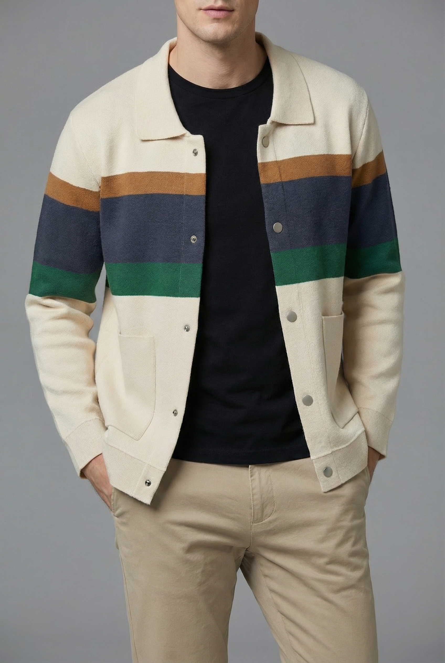 Men’s Striped Knit Style Jacket – Casual Button-Up Cardigan