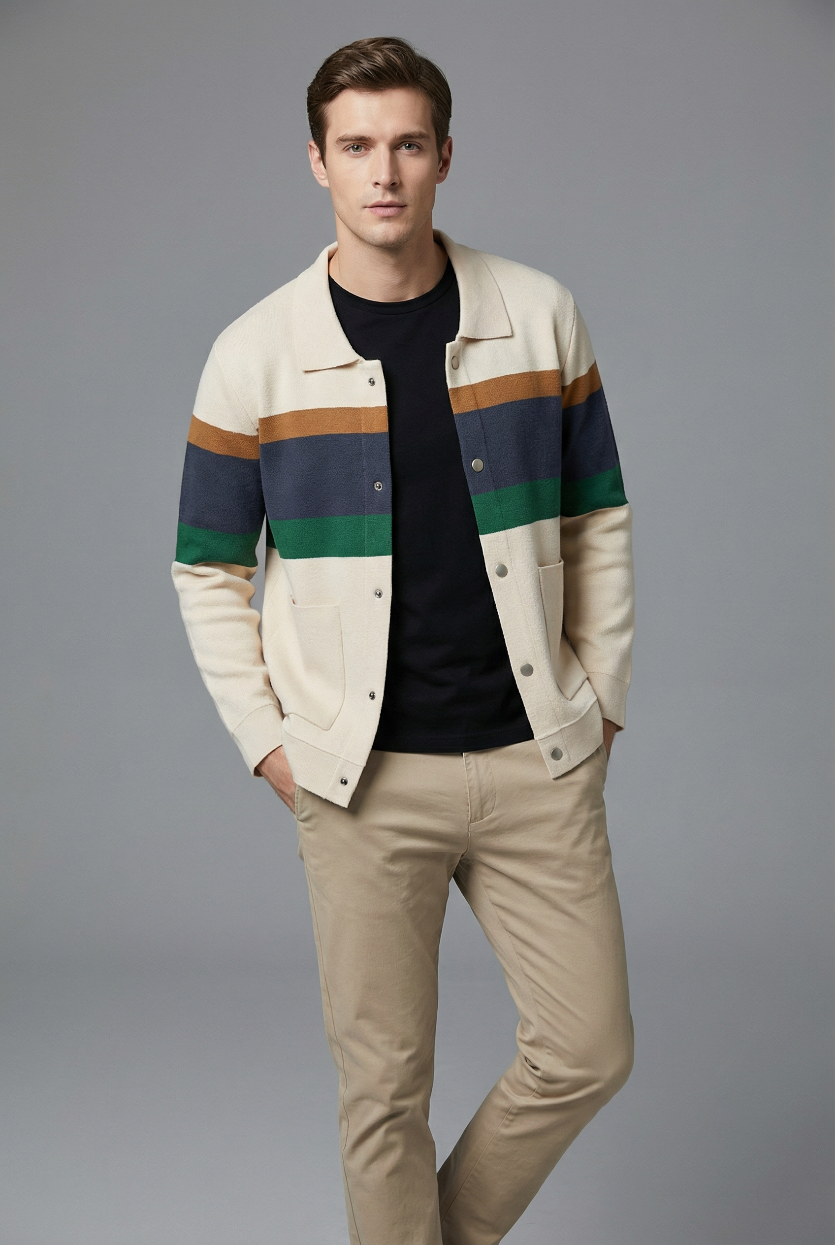 Men’s Striped Knit Style Jacket – Casual Button-Up Cardigan
