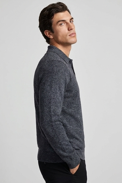 Striped Collar Knit Style Long Sleeve Polo Men