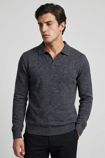 Striped Collar Knit Style Long Sleeve Polo Men