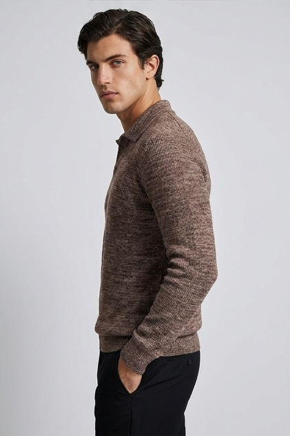Striped Collar Knit Style Long Sleeve Polo Men