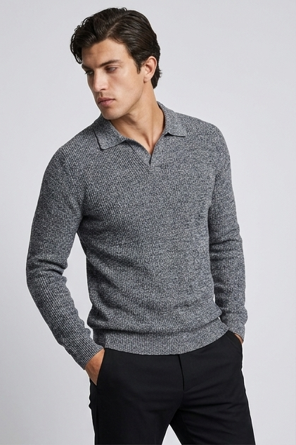 Striped Collar Knit Style Long Sleeve Polo Men
