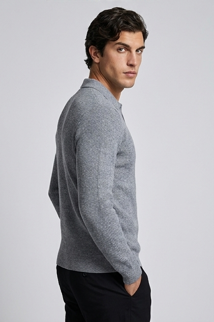 Striped Collar Knit Style Long Sleeve Polo Men