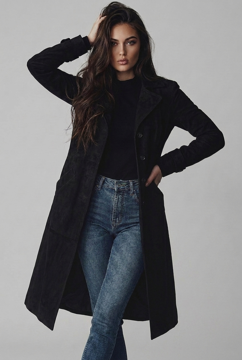 Suede Style Notch Lapel Trench Coat Women