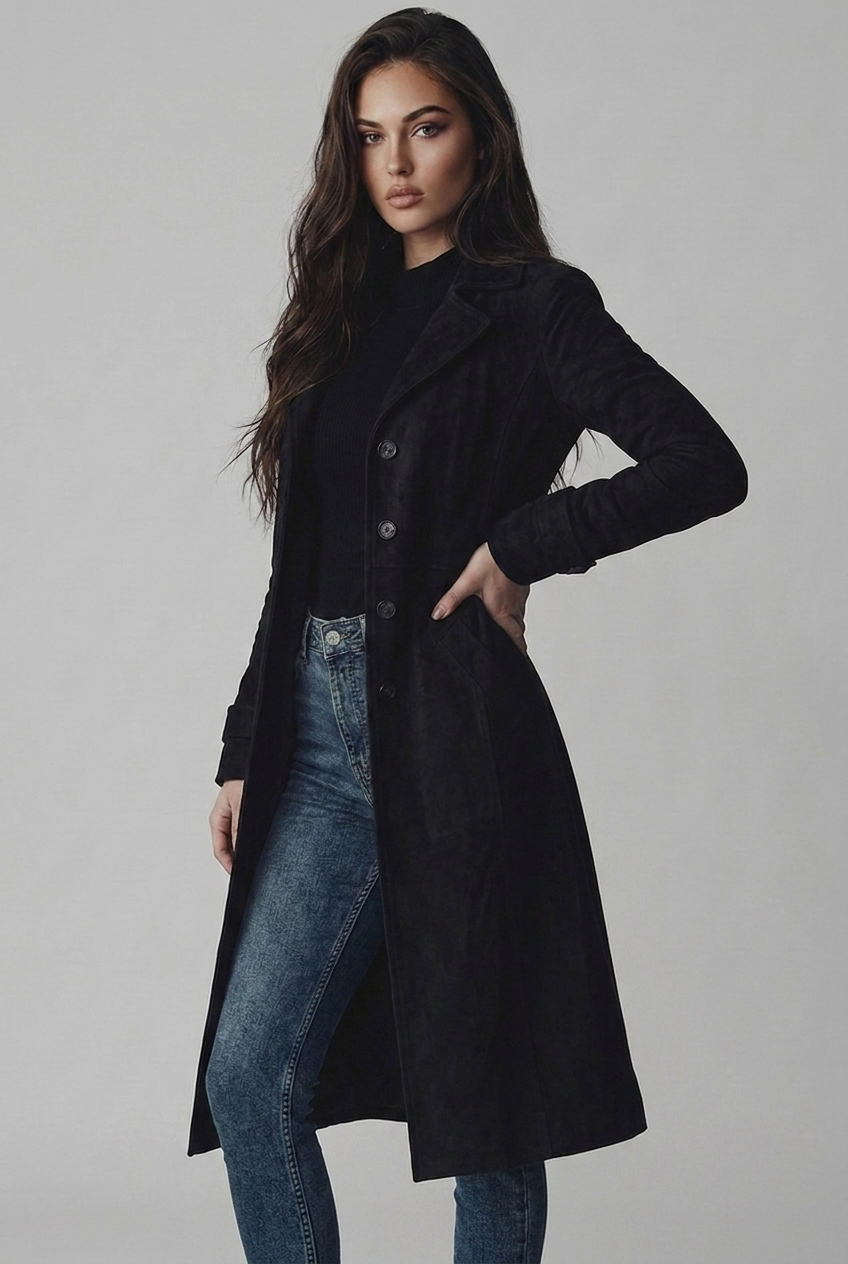 Suede Style Notch Lapel Trench Coat Women