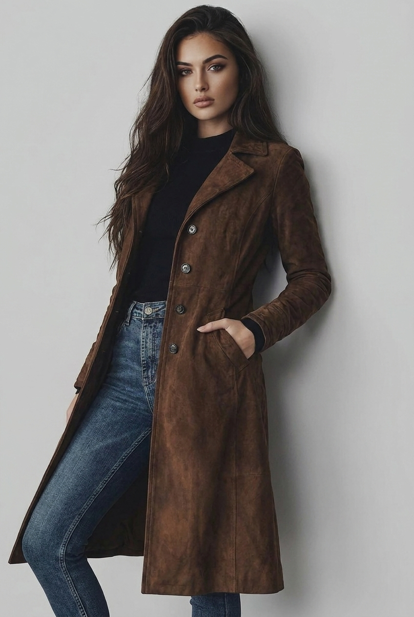 Suede Style Notch Lapel Trench Coat Women