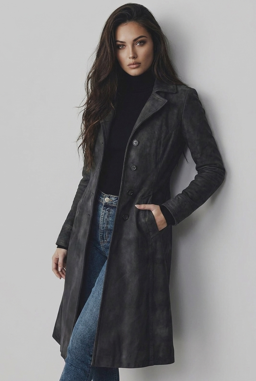 Suede Style Notch Lapel Trench Coat Women