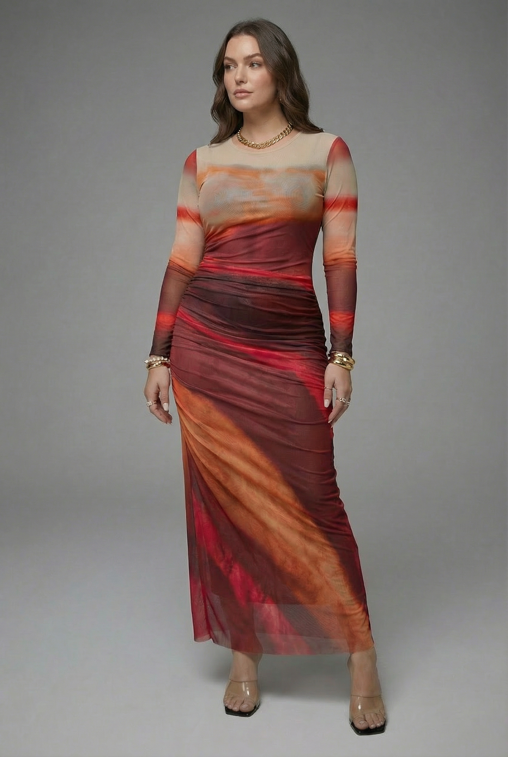 Women’s Tailored Printed Long Sleeve Bodycon Maxi Dress - Marble Print