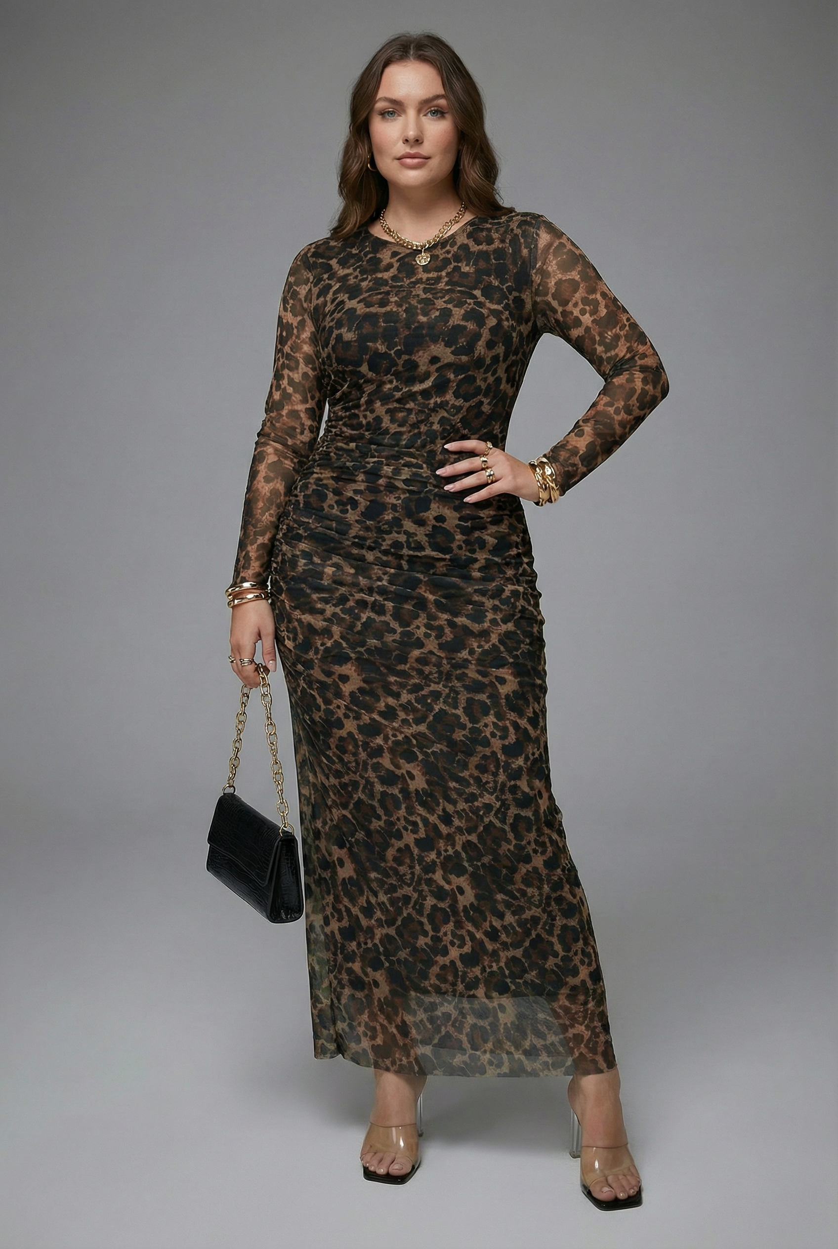 Women’s Tailored Printed Long Sleeve Bodycon Maxi Dress - Marble Print