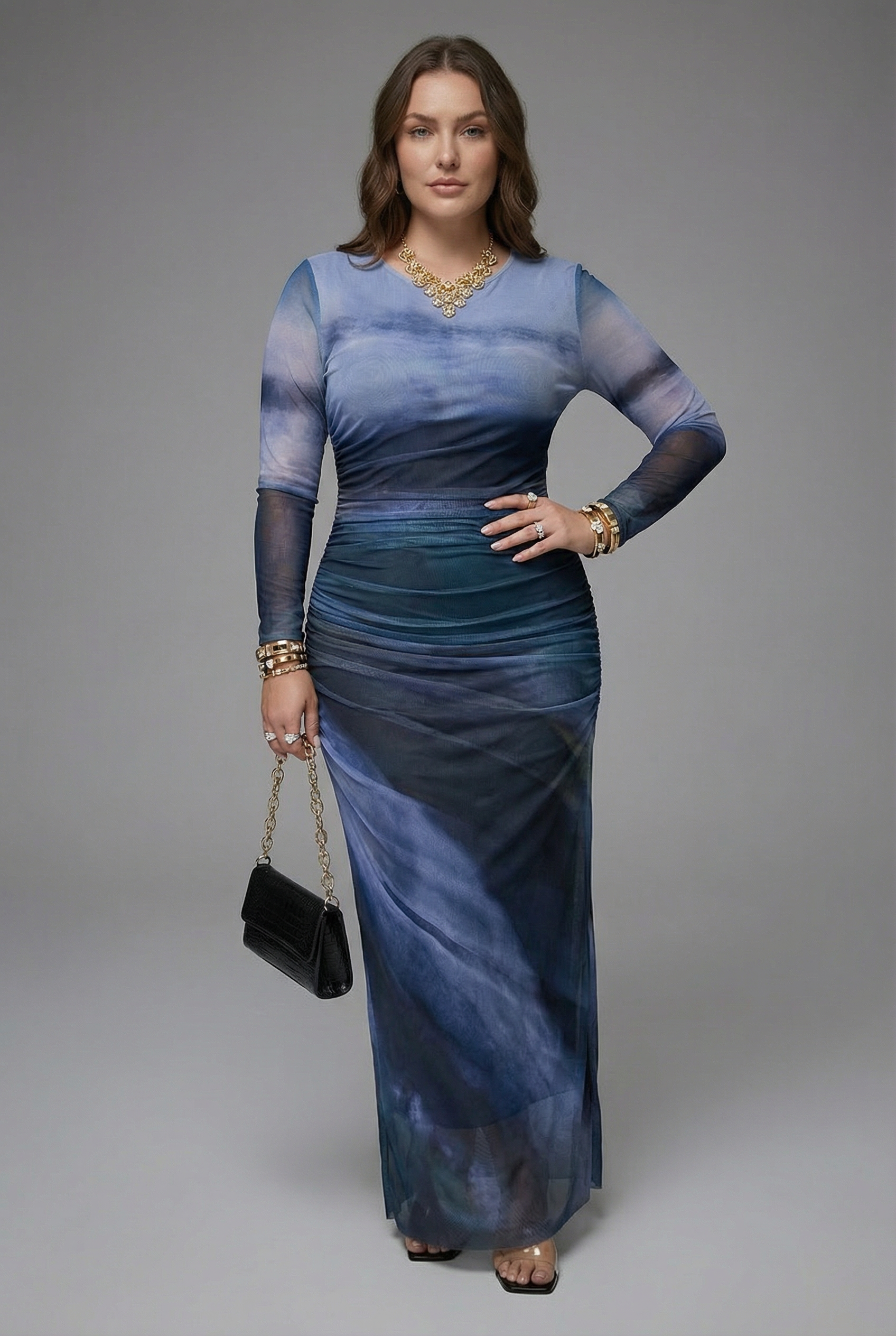 Women’s Tailored Printed Long Sleeve Bodycon Maxi Dress - Marble Print