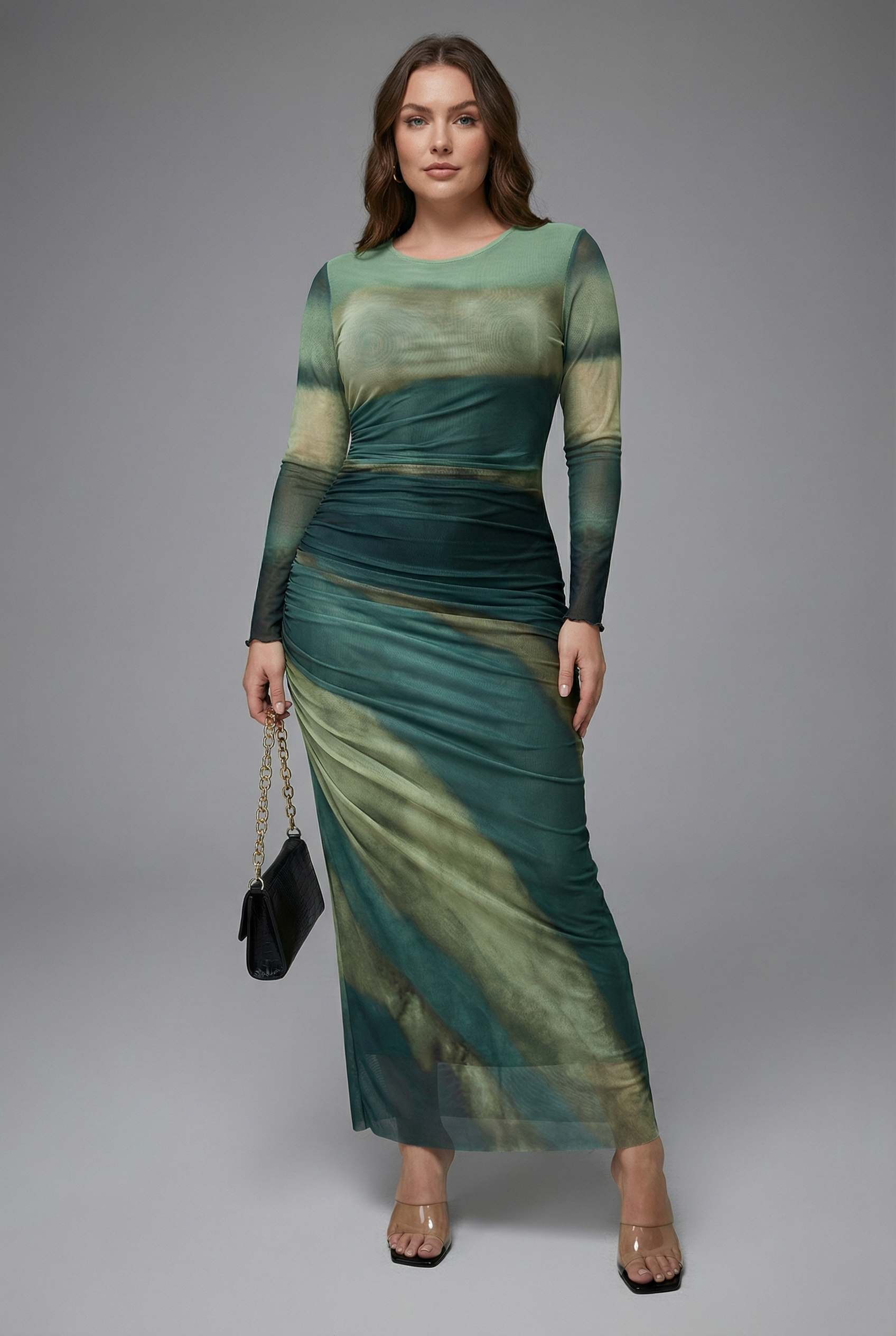 Women’s Tailored Printed Long Sleeve Bodycon Maxi Dress - Marble Print