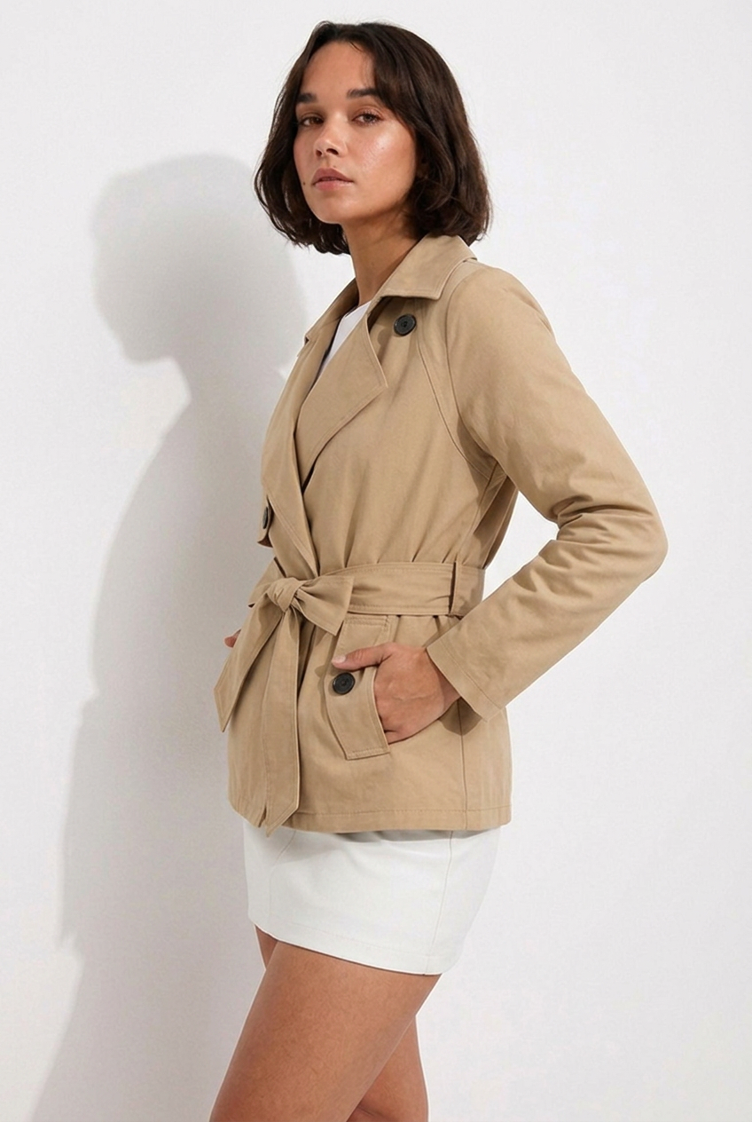 Notch Lapel Double-Breasted Belted Short Trench Coat Women