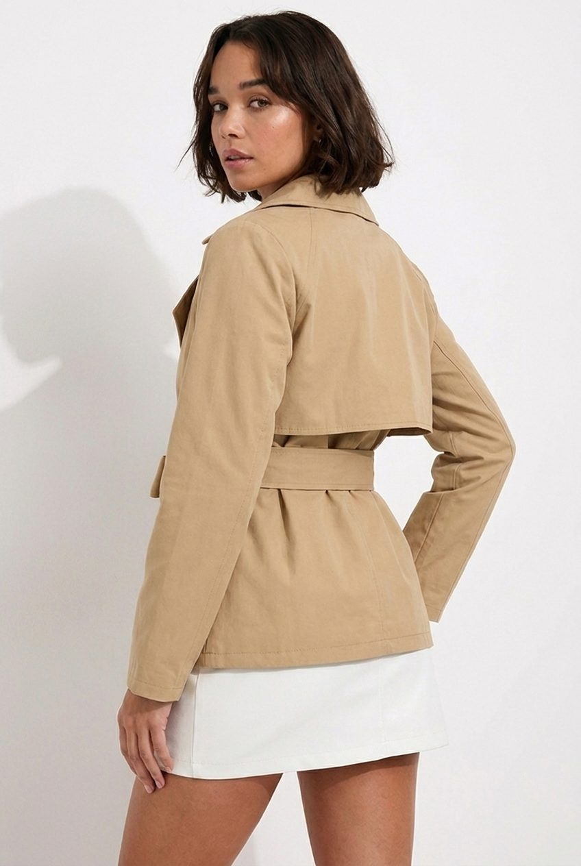 Notch Lapel Double-Breasted Belted Short Trench Coat Women
