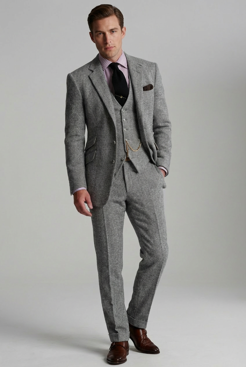 Men’s Three-Piece Tweed Tuxedo – Classic Tailored Suit Set Formal Suit