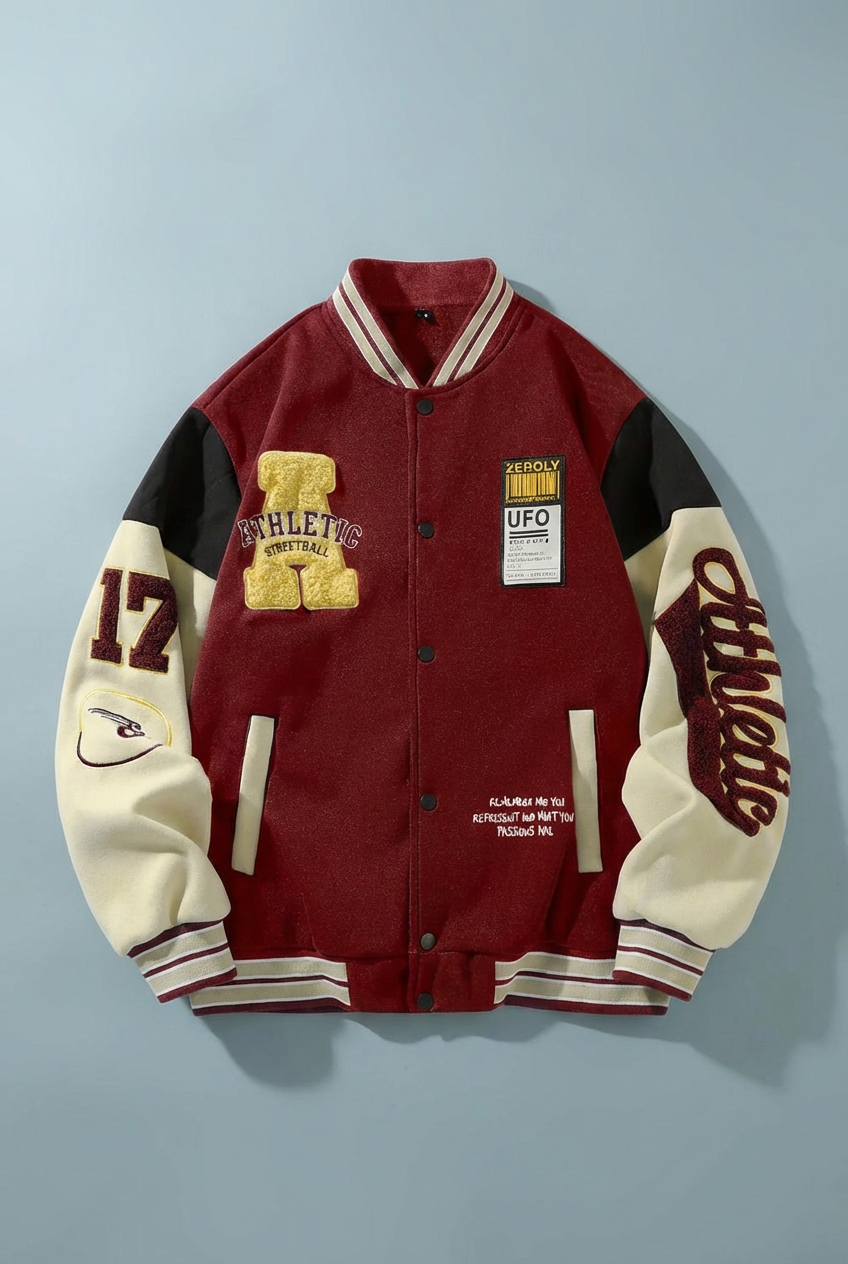 Men’s Vintage Varsity Jacket with Embroidered Patches