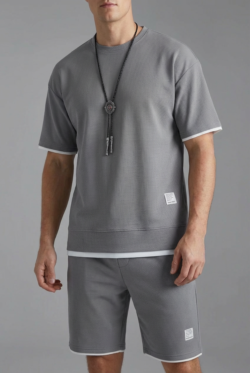 Men’s Waffle Knit Style Lounge Two Piece – Comfortable Casual T-Shirt and Shorts Set