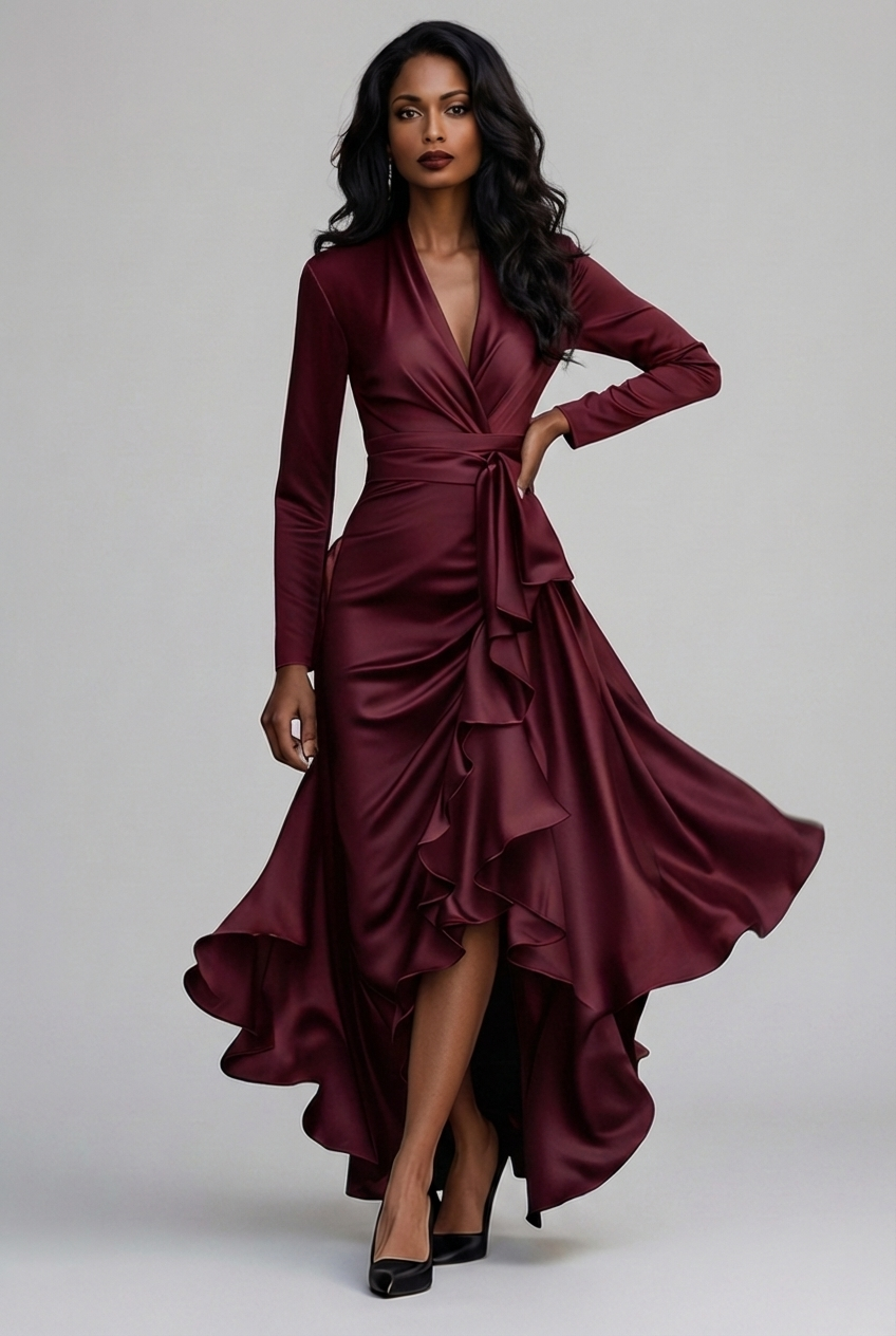 Elegant Long Sleeve Wrap Satin Style Elegant Wedding Guest Dress