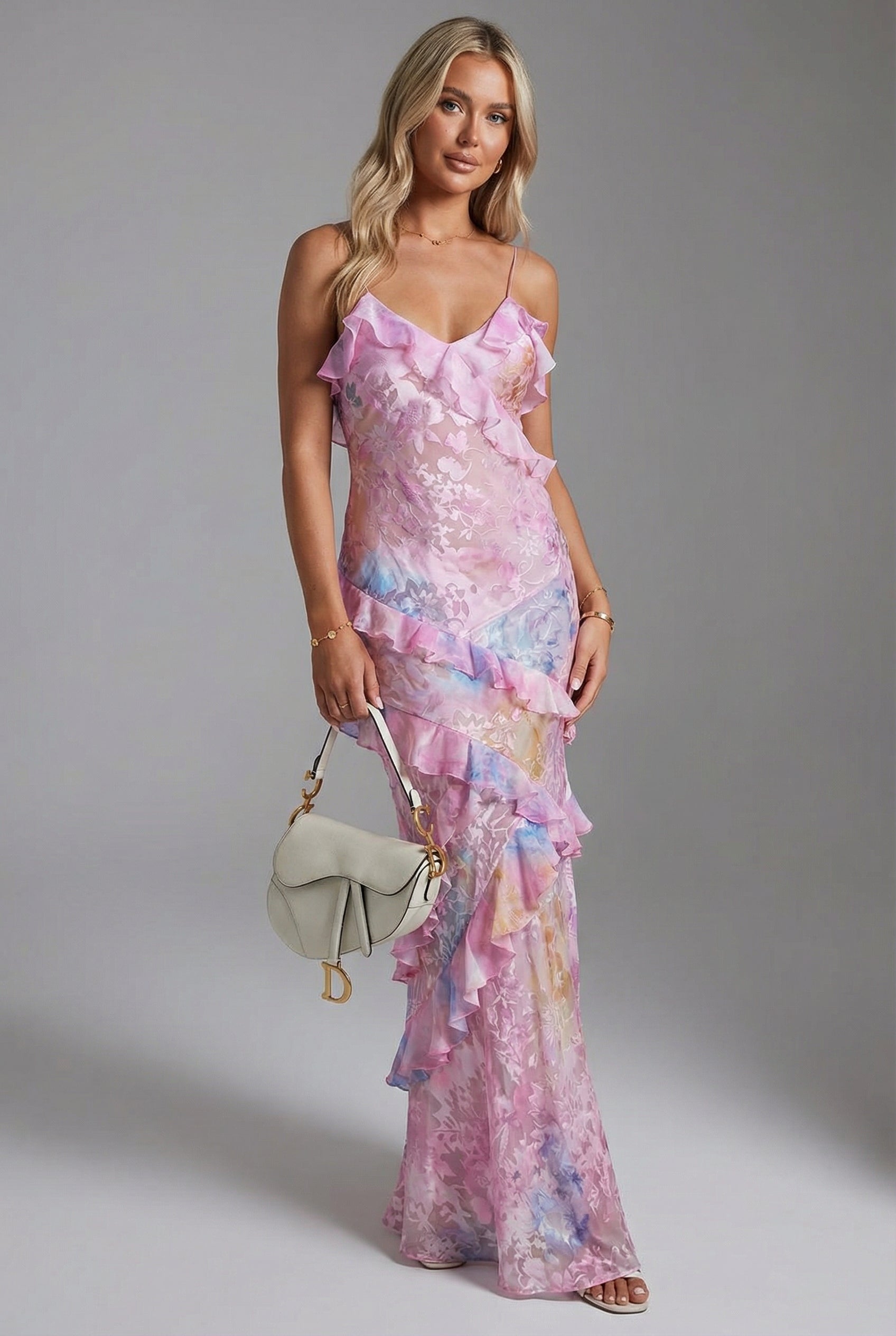 Women’s Elegant Ruffle Occasion Maxi Dress with Open Back