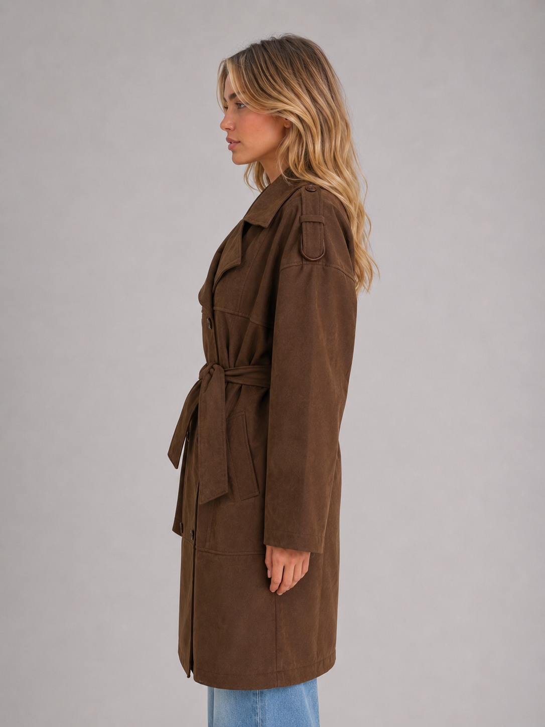 Brown Suede Style Belted Long Double Breasted Trench Coat Women