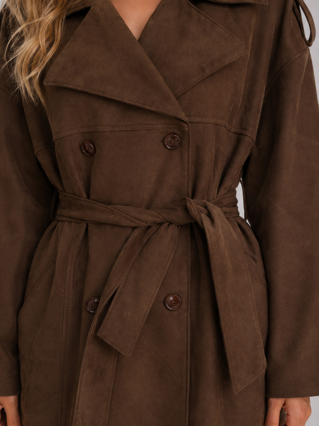 Brown Suede Style Belted Long Double Breasted Trench Coat Women