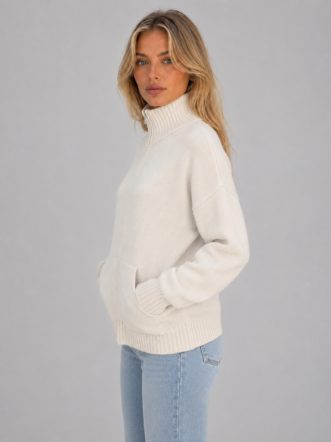 Funnel Neck Zip Up Sweater Knitted Jacket Women