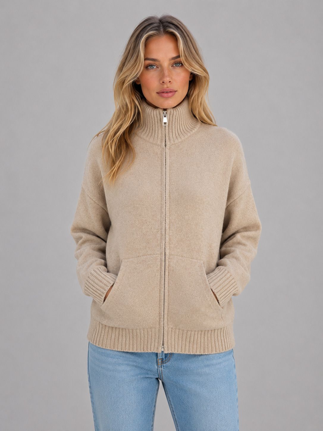 Funnel Neck Zip Up Sweater Knitted Jacket Women