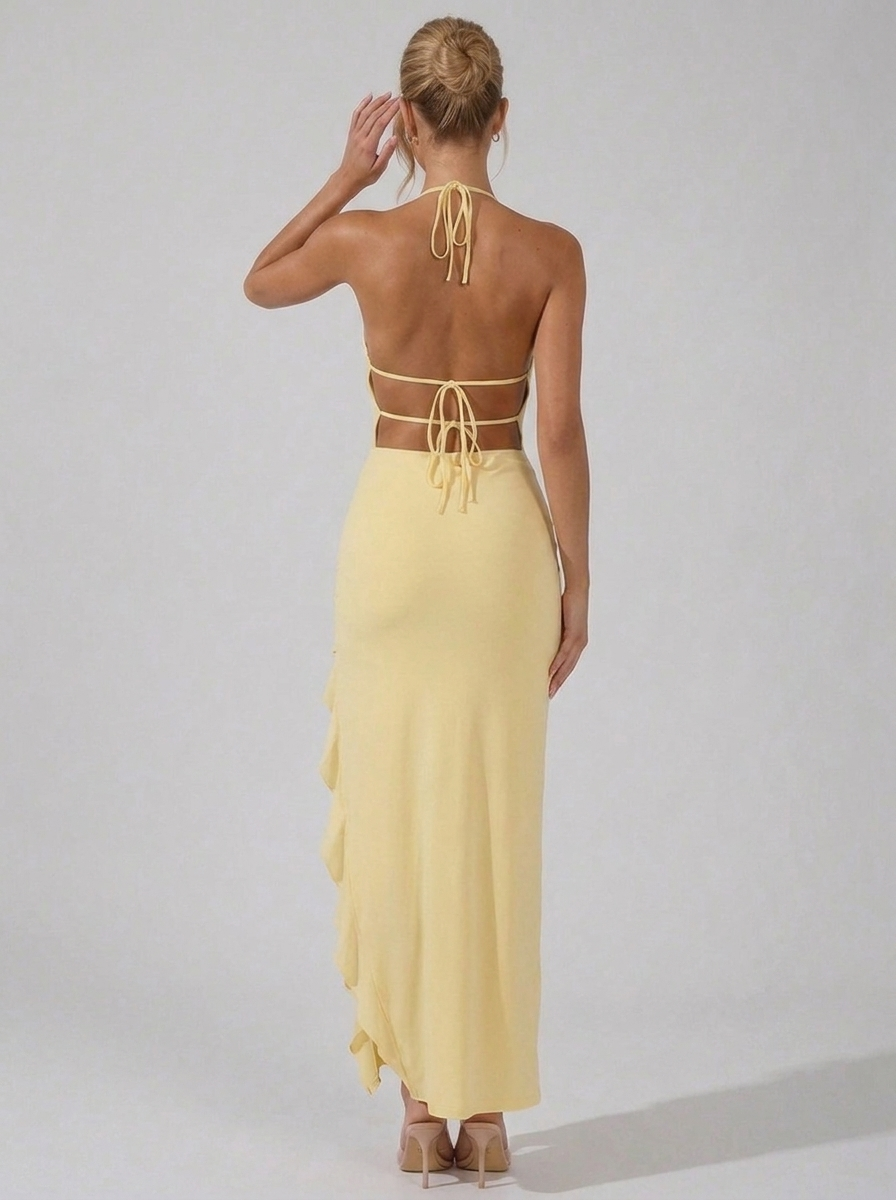 Halter Backless Ruffle Split Chiffon Style Maxi Dress