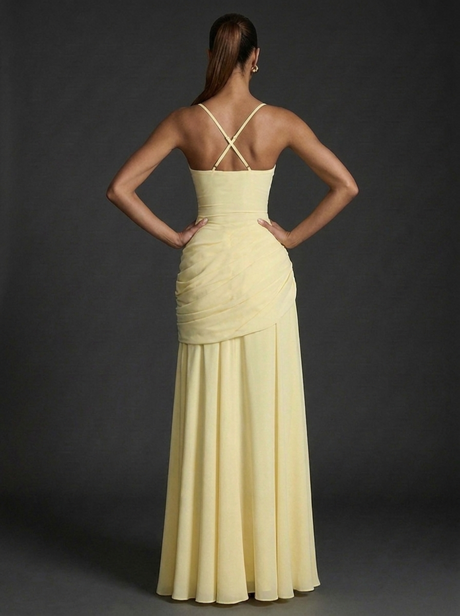 Square Neck Sleeveless Ruched Maxi Wedding Guest Dress