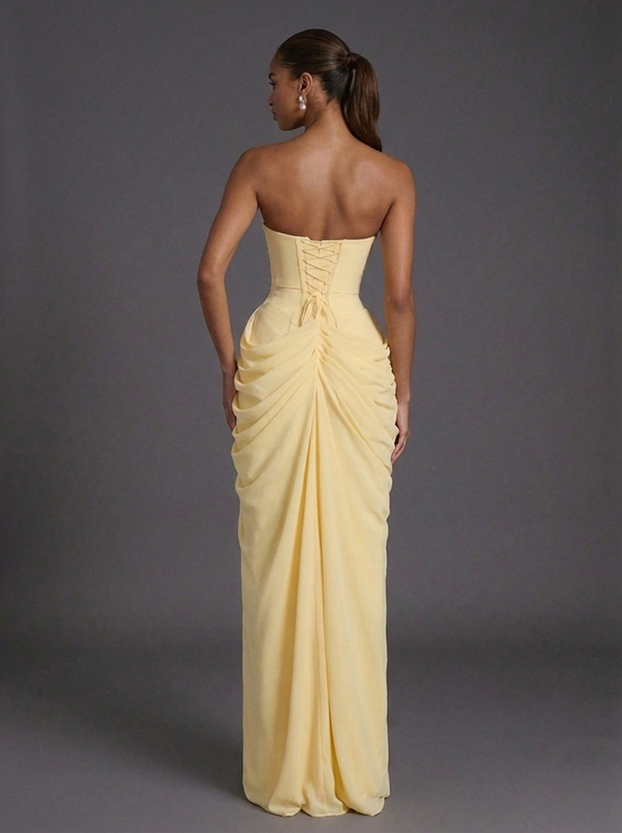 Strapless Corset Ruched Split Maxi Wedding Guest Dress