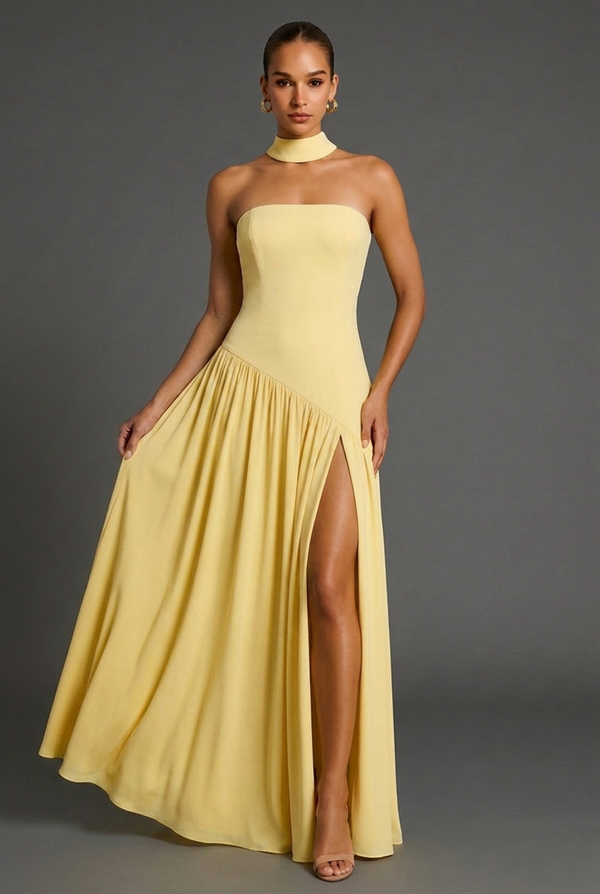 Women's Elegant Asymmetric Strapless Dress with High Slit for Women