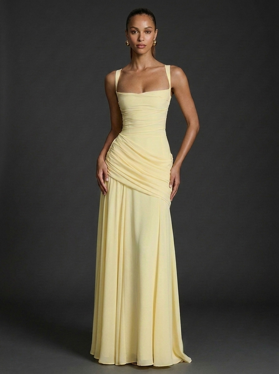 Square Neck Sleeveless Ruched Maxi Wedding Guest Dress
